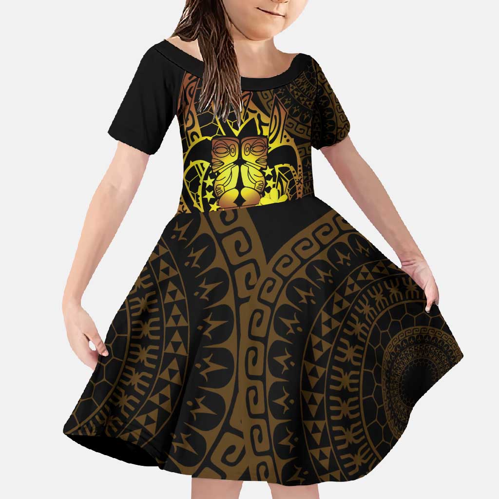 Kia Orana Kuki Airani Family Matching Long Sleeve Bodycon Dress and Hawaiian Shirt Cook Islands Tangaroa God Tatau Gold