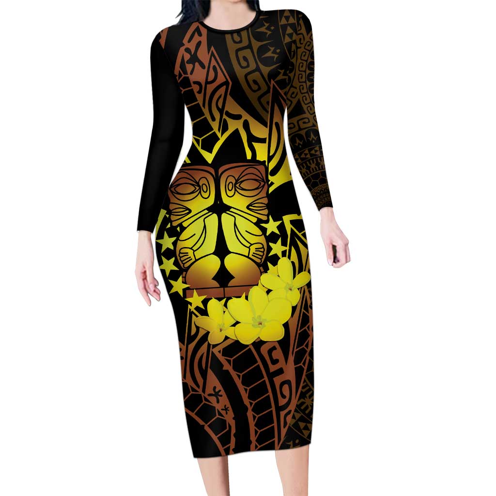 Kia Orana Kuki Airani Family Matching Long Sleeve Bodycon Dress and Hawaiian Shirt Cook Islands Tangaroa God Tatau Gold