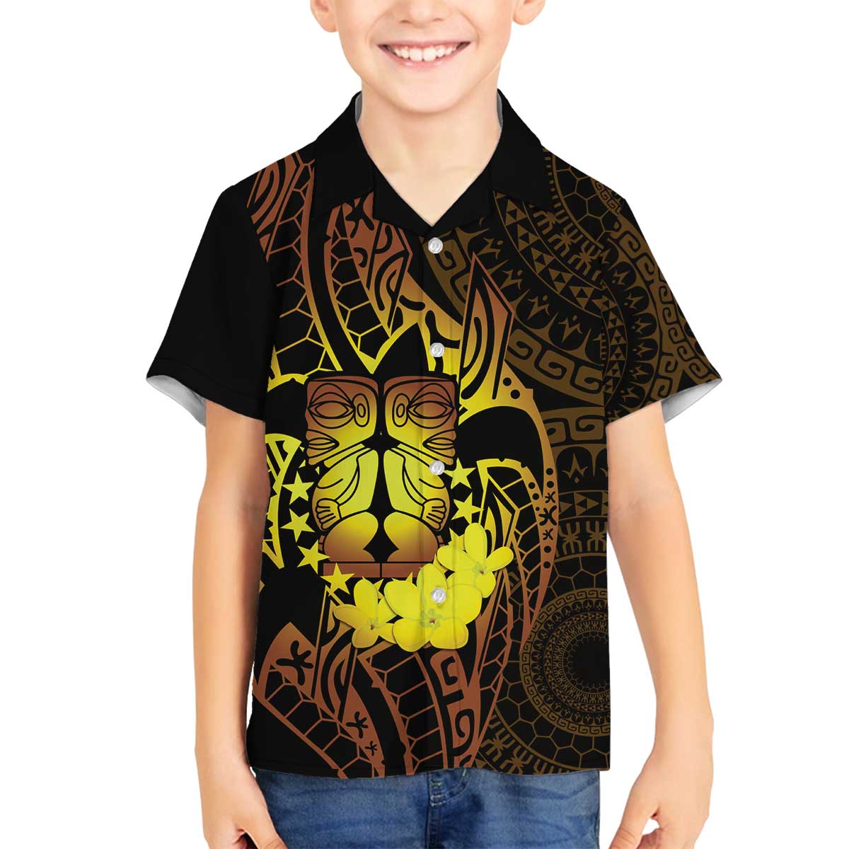 Kia Orana Kuki Airani Family Matching Off The Shoulder Long Sleeve Dress and Hawaiian Shirt Cook Islands Tangaroa God Tatau Gold