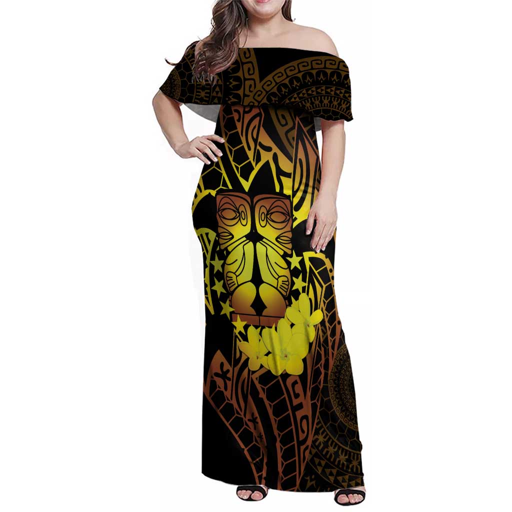 Kia Orana Kuki Airani Family Matching Off Shoulder Maxi Dress and Hawaiian Shirt Cook Islands Tangaroa God Tatau Gold