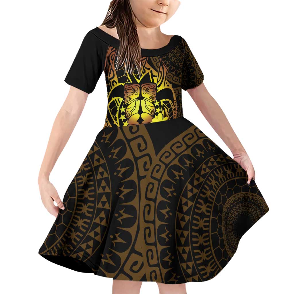 Kia Orana Kuki Airani Family Matching Off Shoulder Short Dress and Hawaiian Shirt Cook Islands Tangaroa God Tatau Gold LT14 Daughter's Dress Gold - Polynesian Pride
