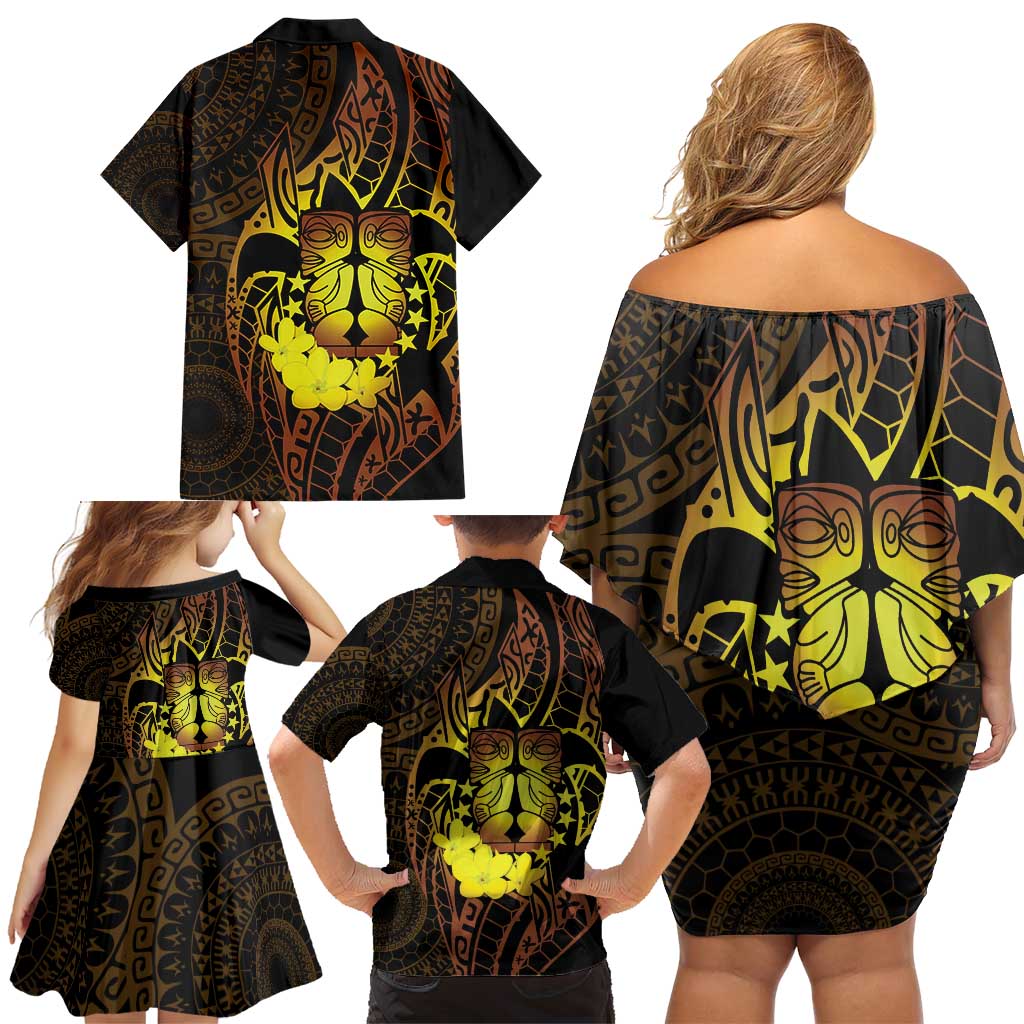 Kia Orana Kuki Airani Family Matching Off Shoulder Short Dress and Hawaiian Shirt Cook Islands Tangaroa God Tatau Gold LT14 - Polynesian Pride