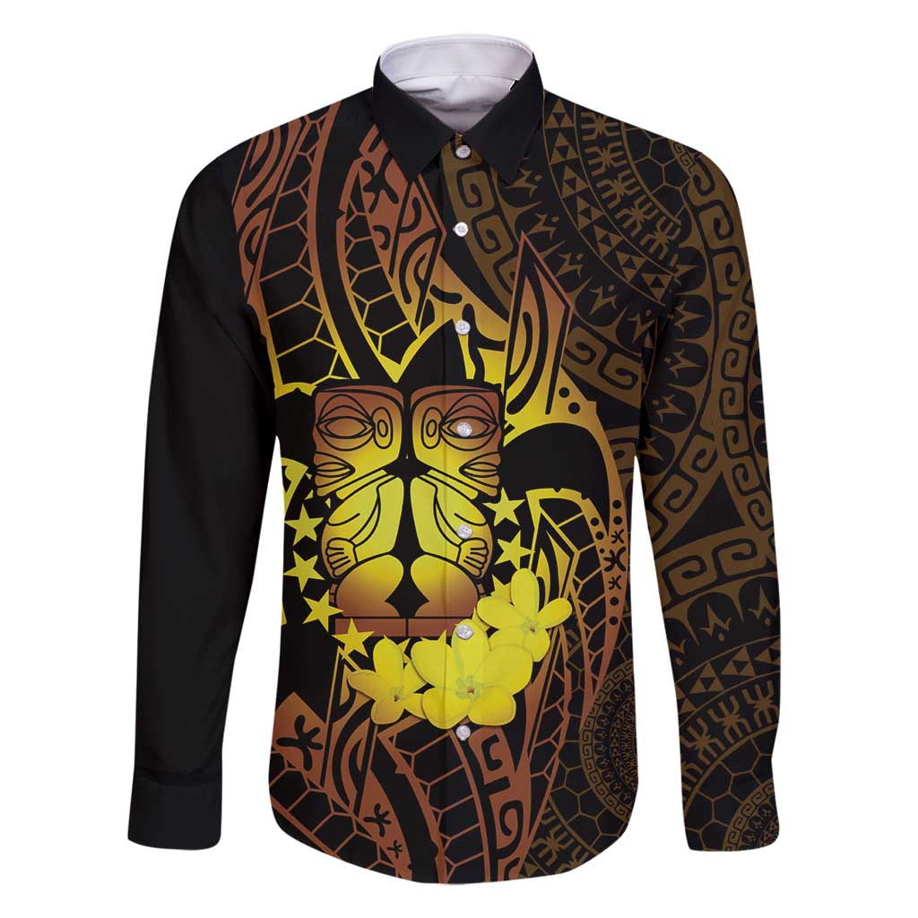 Kia Orana Kuki Airani Family Matching Off Shoulder Short Dress and Hawaiian Shirt Cook Islands Tangaroa God Tatau Gold LT14 Dad's Shirt - Long Sleeve Gold - Polynesian Pride