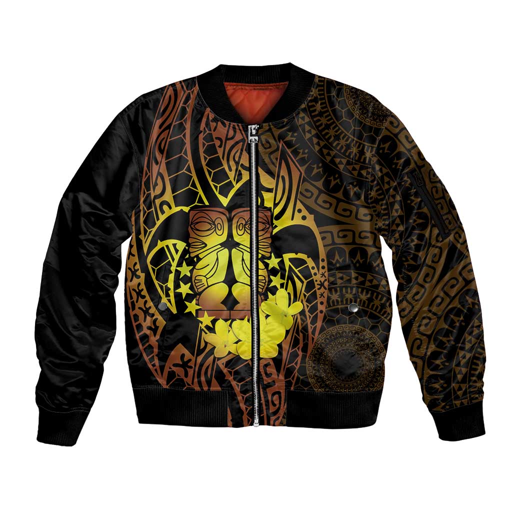 Kia Orana Kuki Airani Sleeve Zip Bomber Jacket Cook Islands Tangaroa God Tatau Gold
