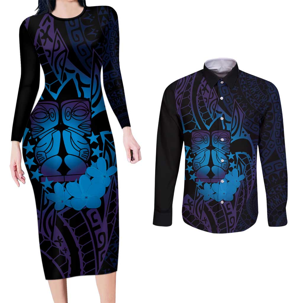 Kia Orana Kuki Airani Couples Matching Long Sleeve Bodycon Dress and Long Sleeve Button Shirt Cook Islands Tangaroa God Tatau Purple
