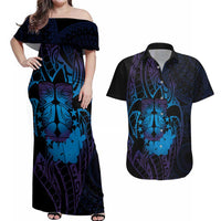 Kia Orana Kuki Airani Couples Matching Off Shoulder Maxi Dress and Hawaiian Shirt Cook Islands Tangaroa God Tatau Purple