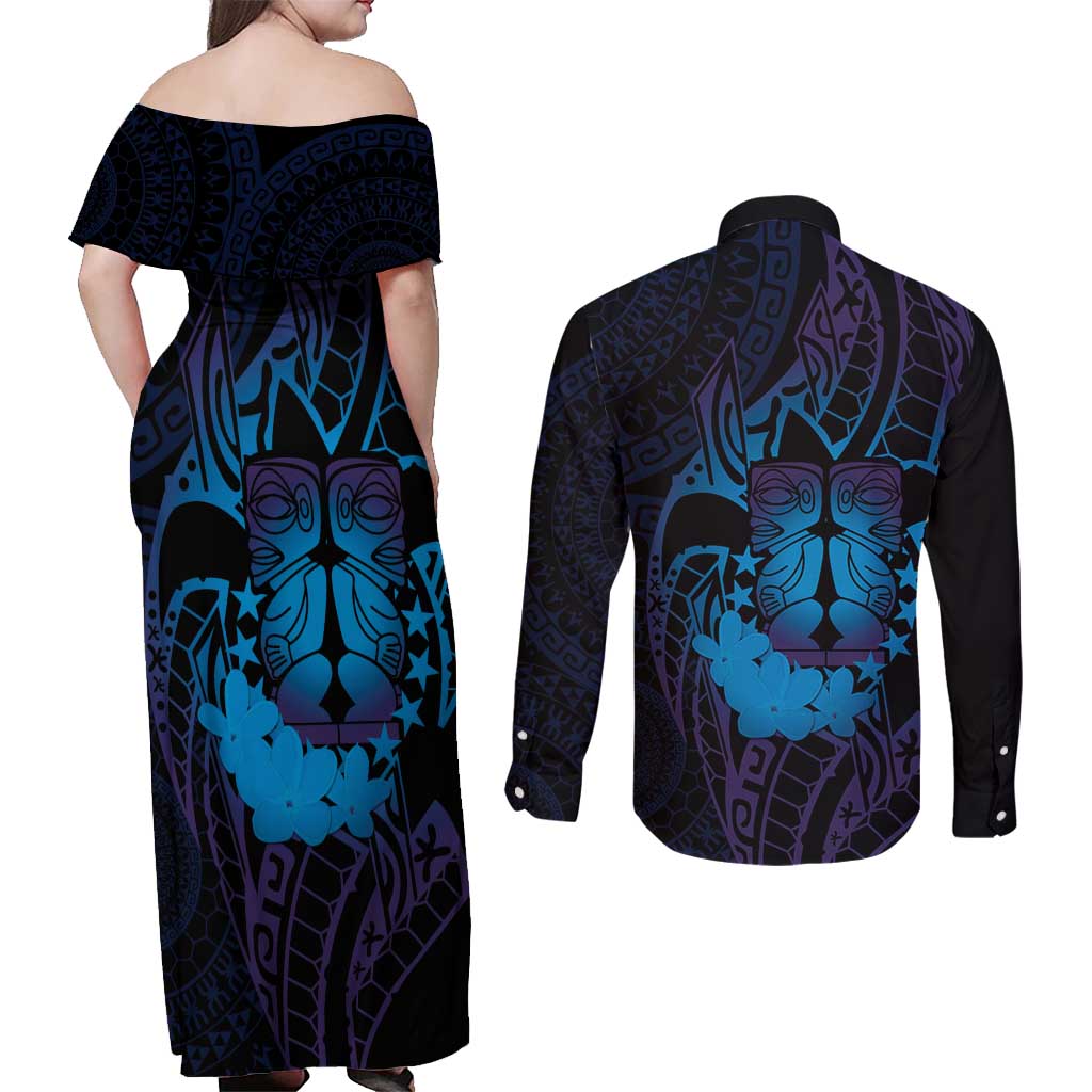 Kia Orana Kuki Airani Couples Matching Off Shoulder Maxi Dress and Long Sleeve Button Shirt Cook Islands Tangaroa God Tatau Purple