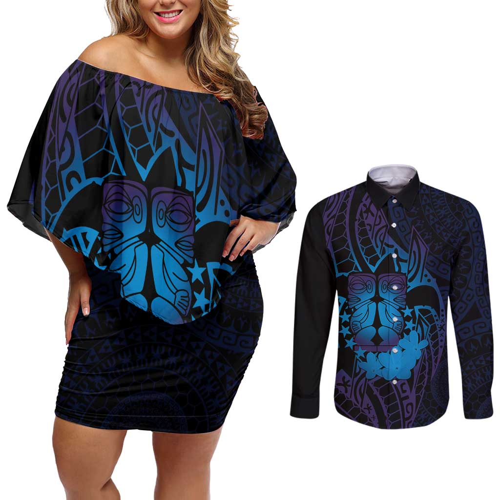 Kia Orana Kuki Airani Couples Matching Off Shoulder Short Dress and Long Sleeve Button Shirt Cook Islands Tangaroa God Tatau Purple