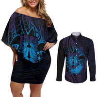 Kia Orana Kuki Airani Couples Matching Off Shoulder Short Dress and Long Sleeve Button Shirt Cook Islands Tangaroa God Tatau Purple