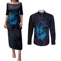 Kia Orana Kuki Airani Couples Matching Puletasi and Long Sleeve Button Shirt Cook Islands Tangaroa God Tatau Purple