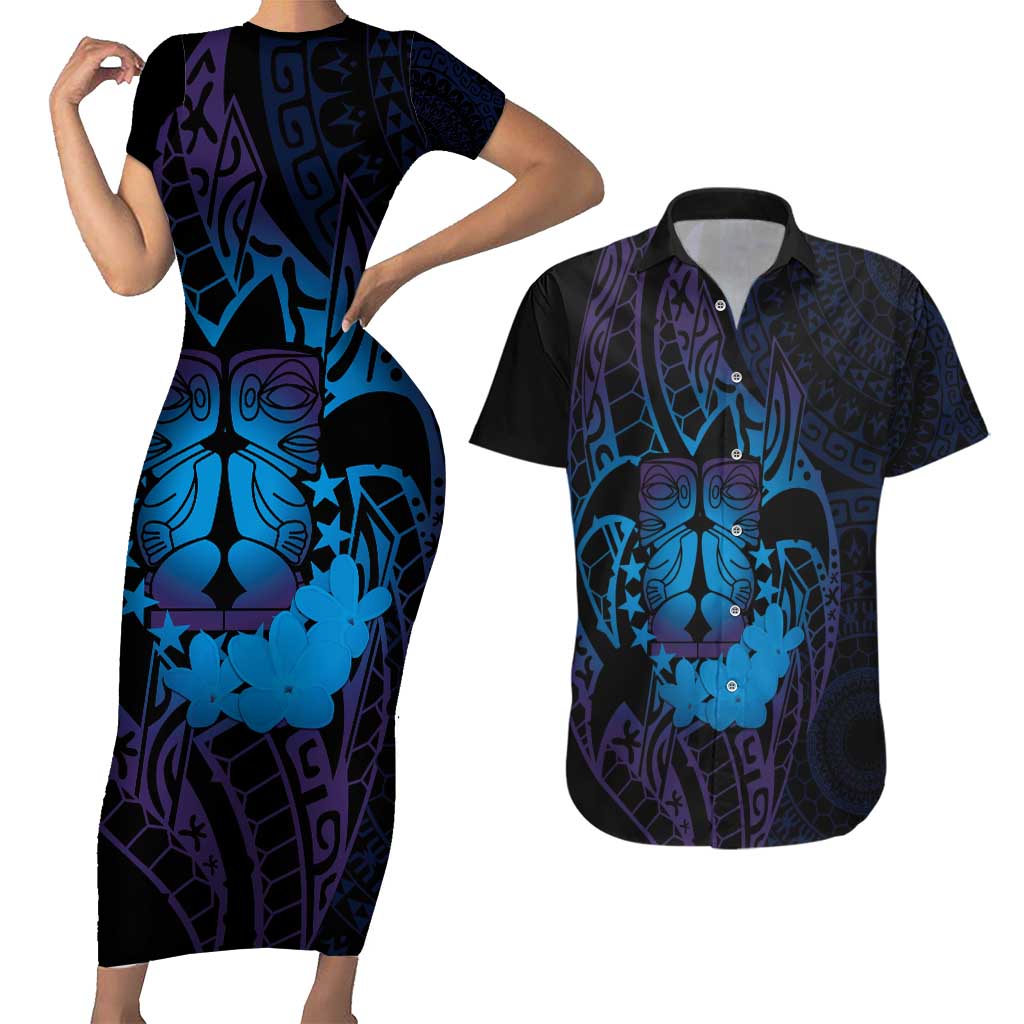Kia Orana Kuki Airani Couples Matching Short Sleeve Bodycon Dress and Hawaiian Shirt Cook Islands Tangaroa God Tatau Purple