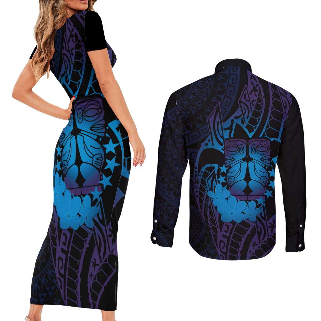 Kia Orana Kuki Airani Couples Matching Short Sleeve Bodycon Dress and Long Sleeve Button Shirt Cook Islands Tangaroa God Tatau Purple