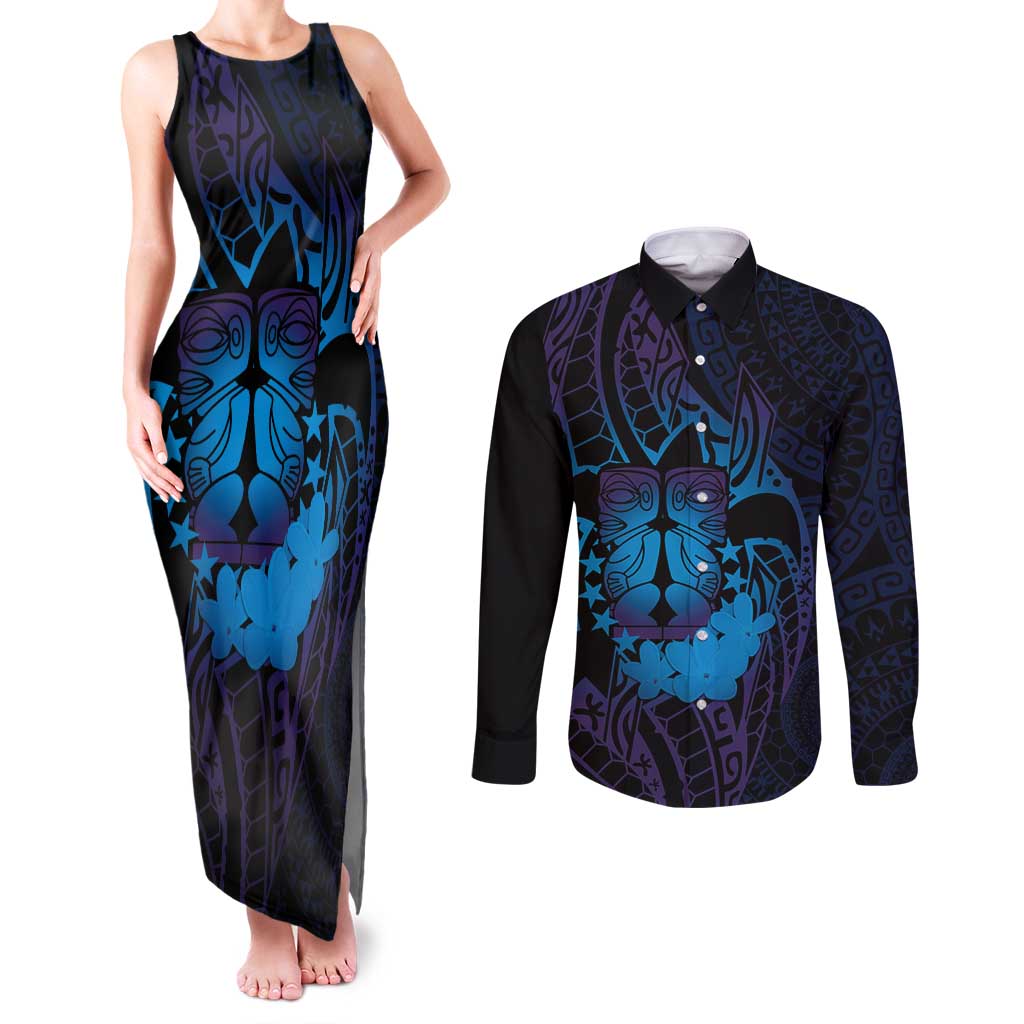 Kia Orana Kuki Airani Couples Matching Tank Maxi Dress and Long Sleeve Button Shirt Cook Islands Tangaroa God Tatau Purple