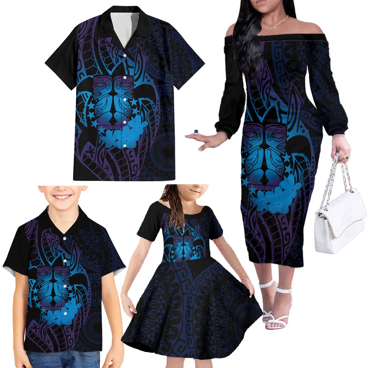 Kia Orana Kuki Airani Family Matching Off The Shoulder Long Sleeve Dress and Hawaiian Shirt Cook Islands Tangaroa God Tatau Purple