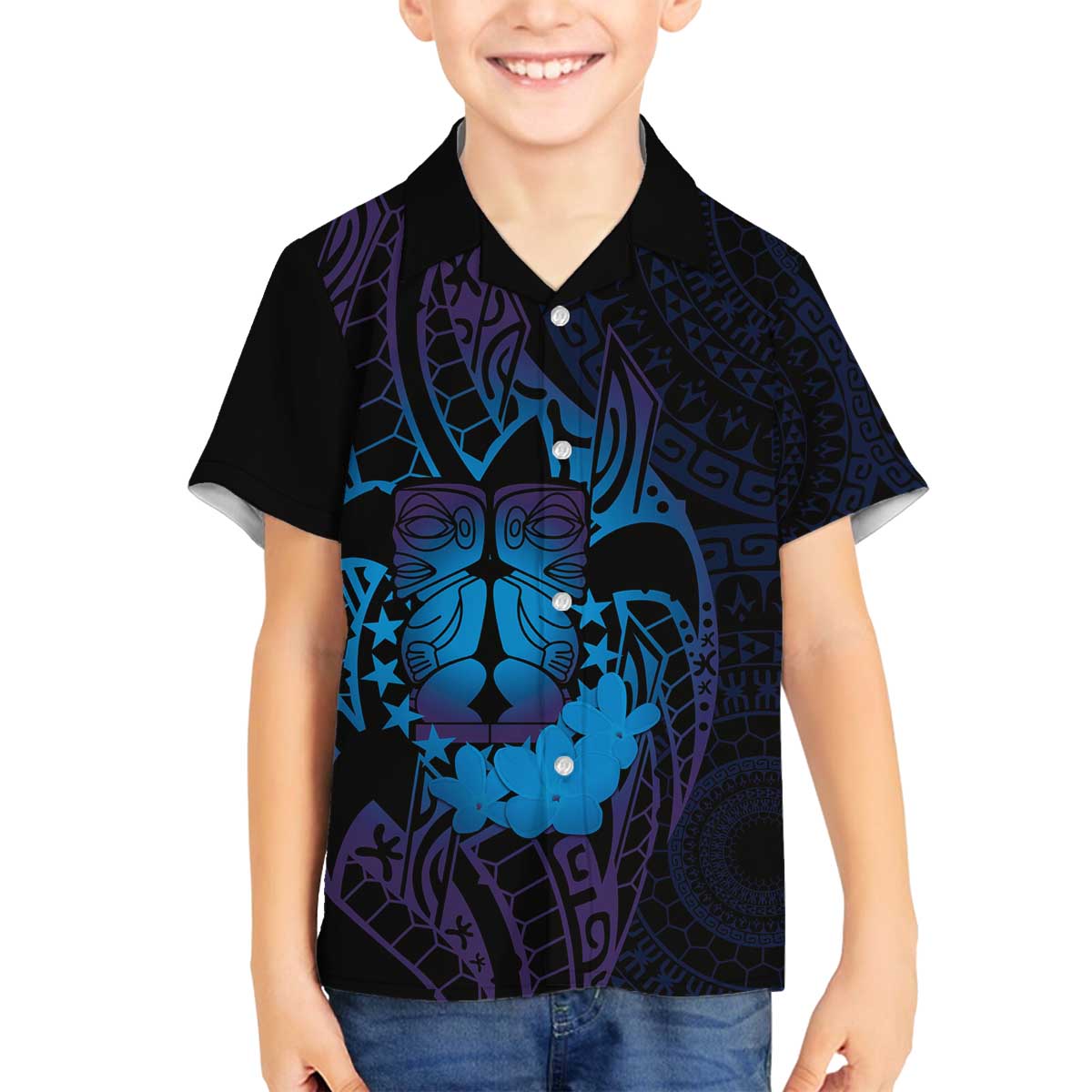 Kia Orana Kuki Airani Family Matching Off The Shoulder Long Sleeve Dress and Hawaiian Shirt Cook Islands Tangaroa God Tatau Purple