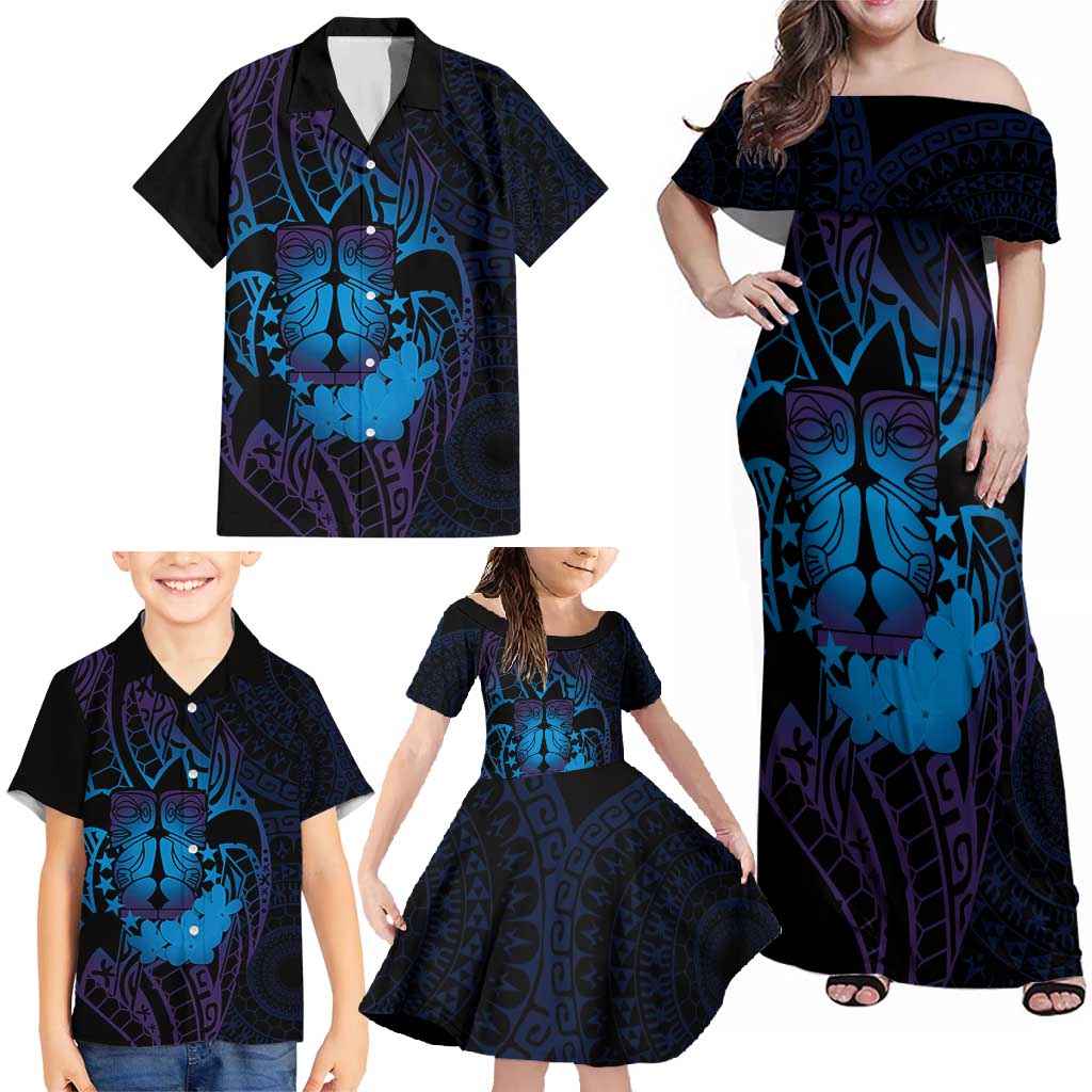 Kia Orana Kuki Airani Family Matching Off Shoulder Maxi Dress and Hawaiian Shirt Cook Islands Tangaroa God Tatau Purple