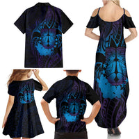 Kia Orana Kuki Airani Family Matching Summer Maxi Dress and Hawaiian Shirt Cook Islands Tangaroa God Tatau Purple