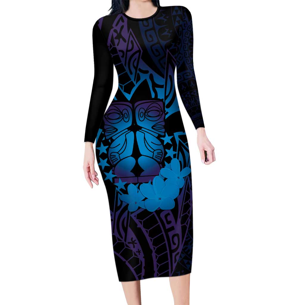 Kia Orana Kuki Airani Long Sleeve Bodycon Dress Cook Islands Tangaroa God Tatau Purple