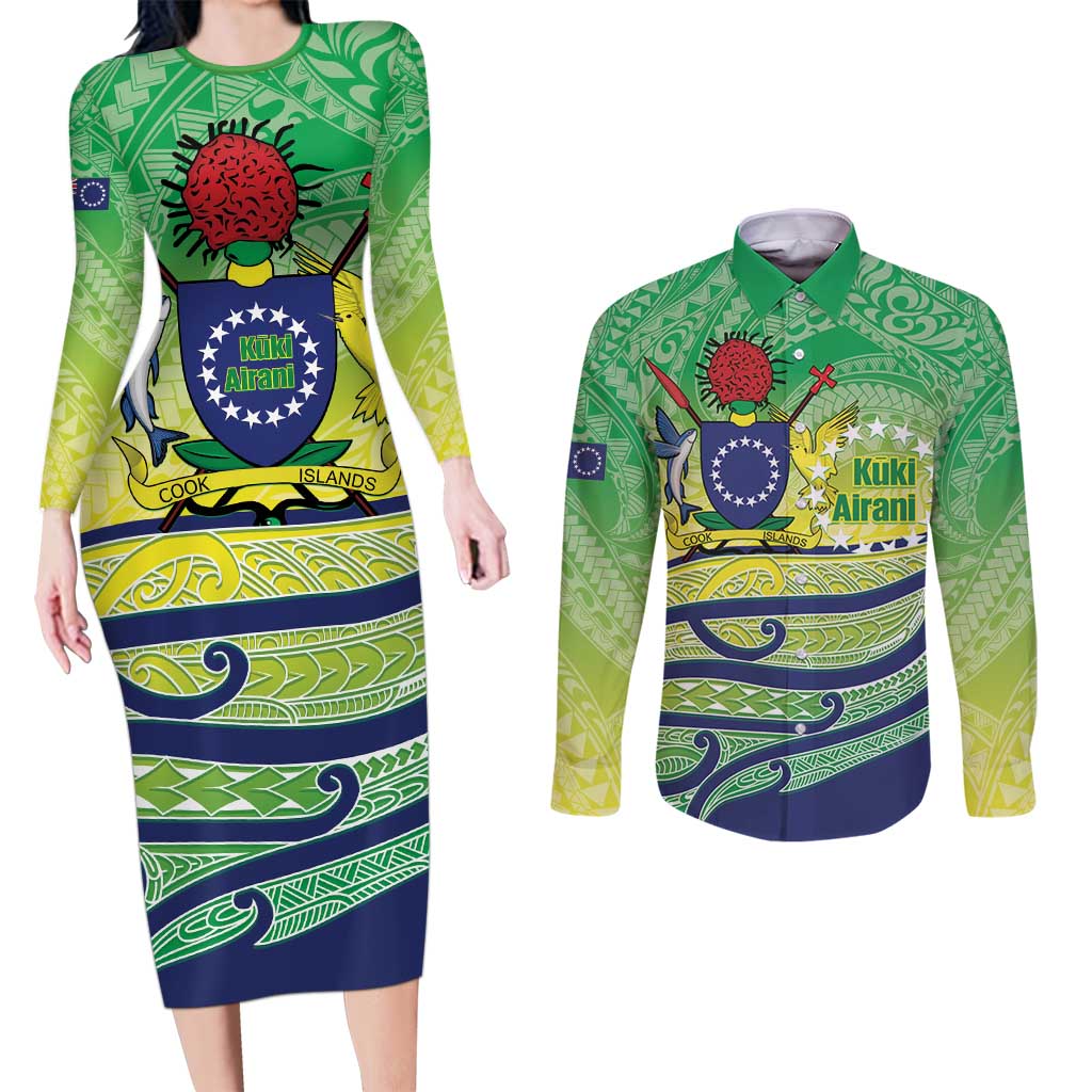 Te Maeva Nui Cook Islands Couples Matching Long Sleeve Bodycon Dress and Long Sleeve Button Shirt 60th Independence Anniversary Proud