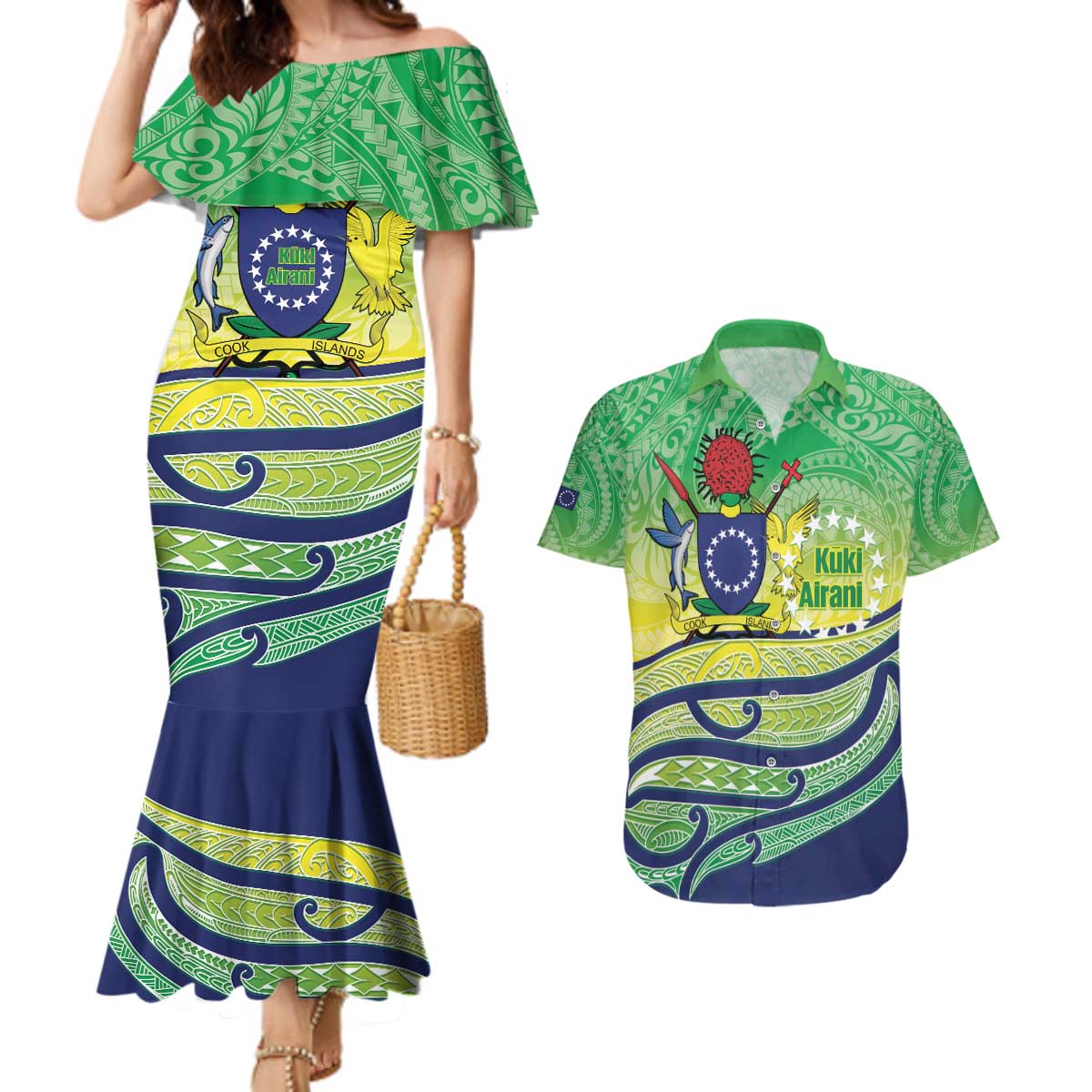 Te Maeva Nui Cook Islands Couples Matching Mermaid Dress and Hawaiian Shirt 60th Independence Anniversary Proud