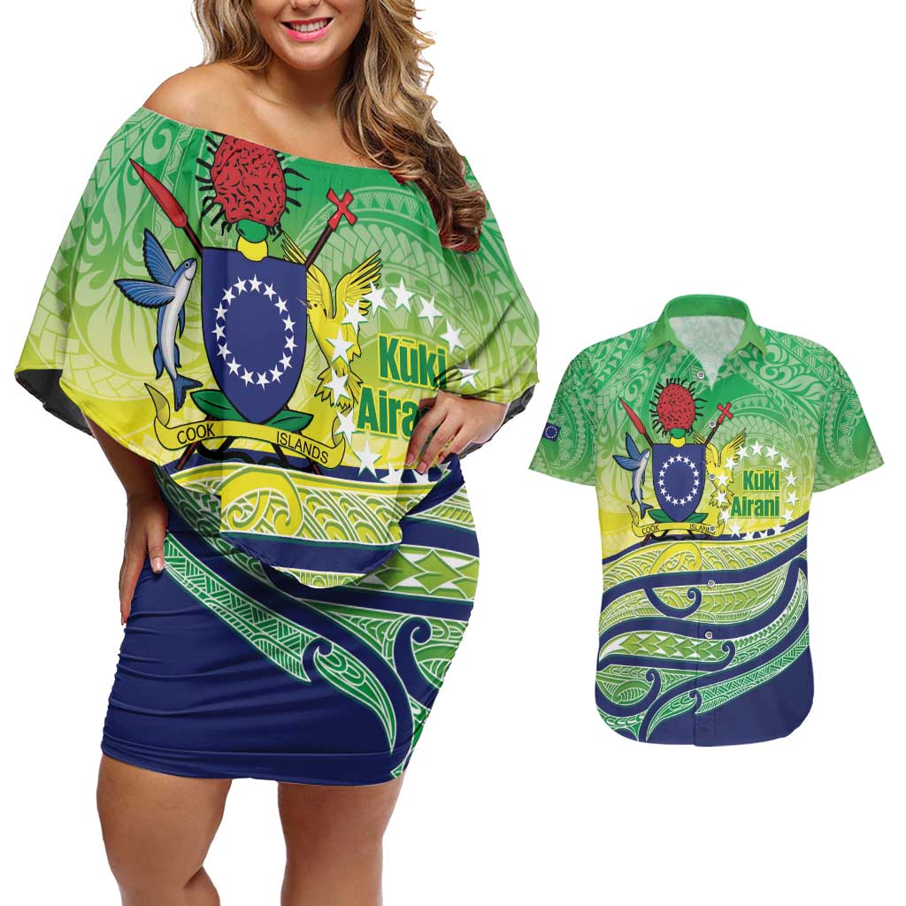 Te Maeva Nui Cook Islands Couples Matching Off Shoulder Short Dress and Hawaiian Shirt 60th Independence Anniversary Proud