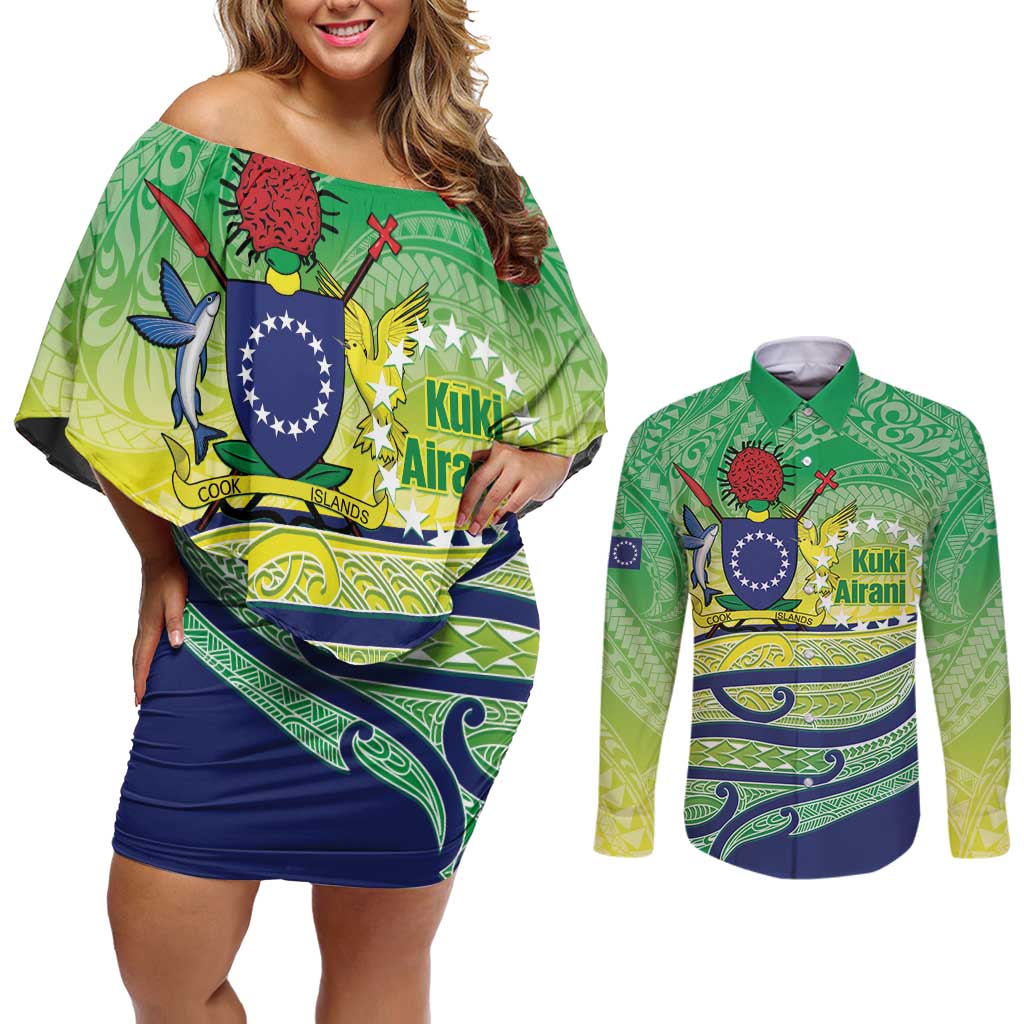 Te Maeva Nui Cook Islands Couples Matching Off Shoulder Short Dress and Long Sleeve Button Shirt 60th Independence Anniversary Proud