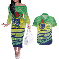 Te Maeva Nui Cook Islands Couples Matching Off The Shoulder Long Sleeve Dress and Hawaiian Shirt 60th Independence Anniversary Proud