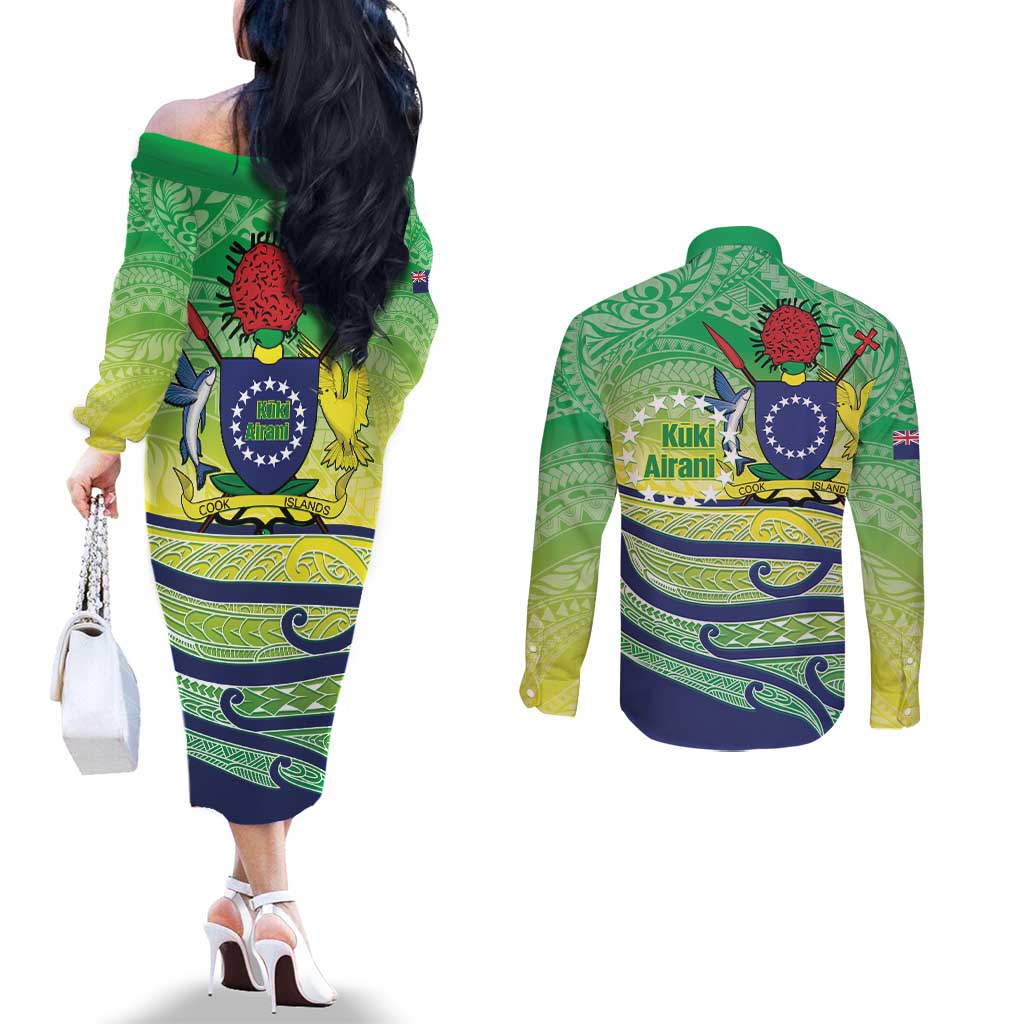 Te Maeva Nui Cook Islands Couples Matching Off The Shoulder Long Sleeve Dress and Long Sleeve Button Shirt 60th Independence Anniversary Proud