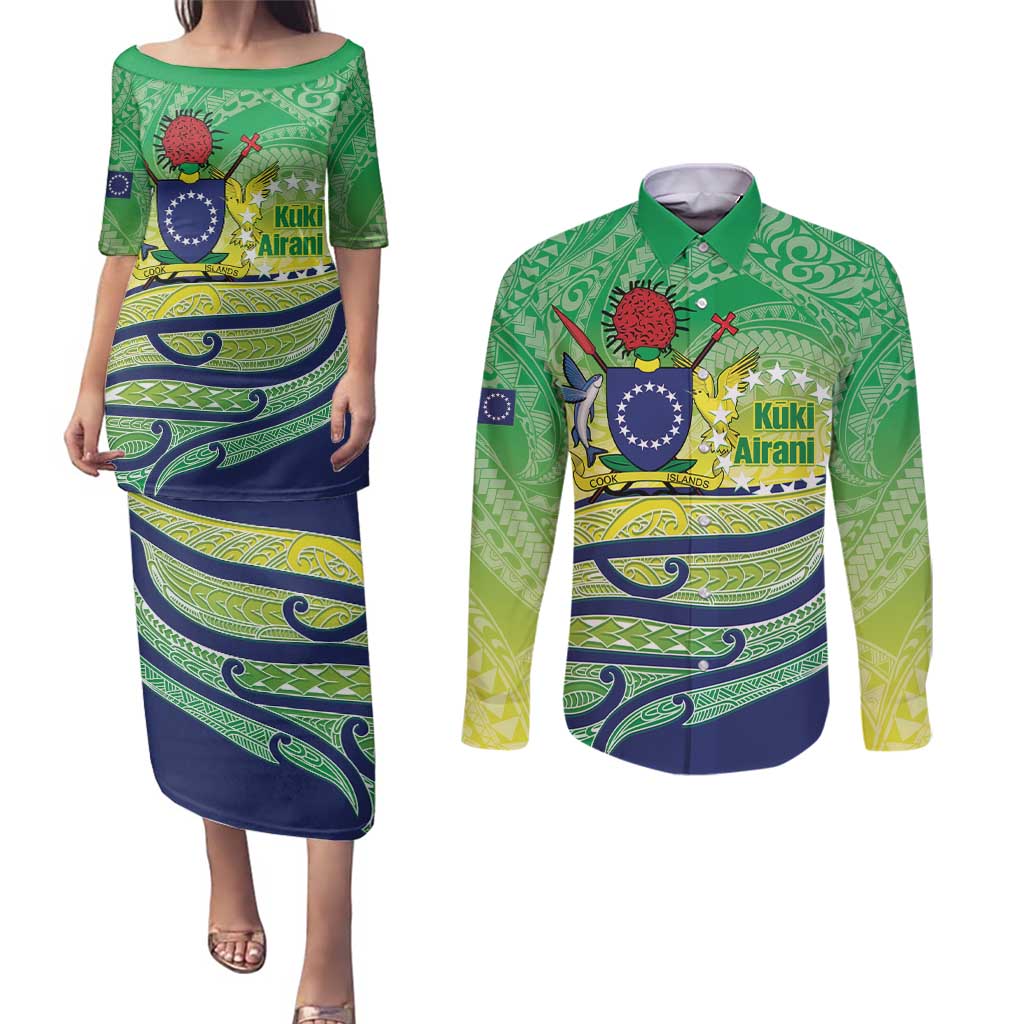 Te Maeva Nui Cook Islands Couples Matching Puletasi and Long Sleeve Button Shirt 60th Independence Anniversary Proud