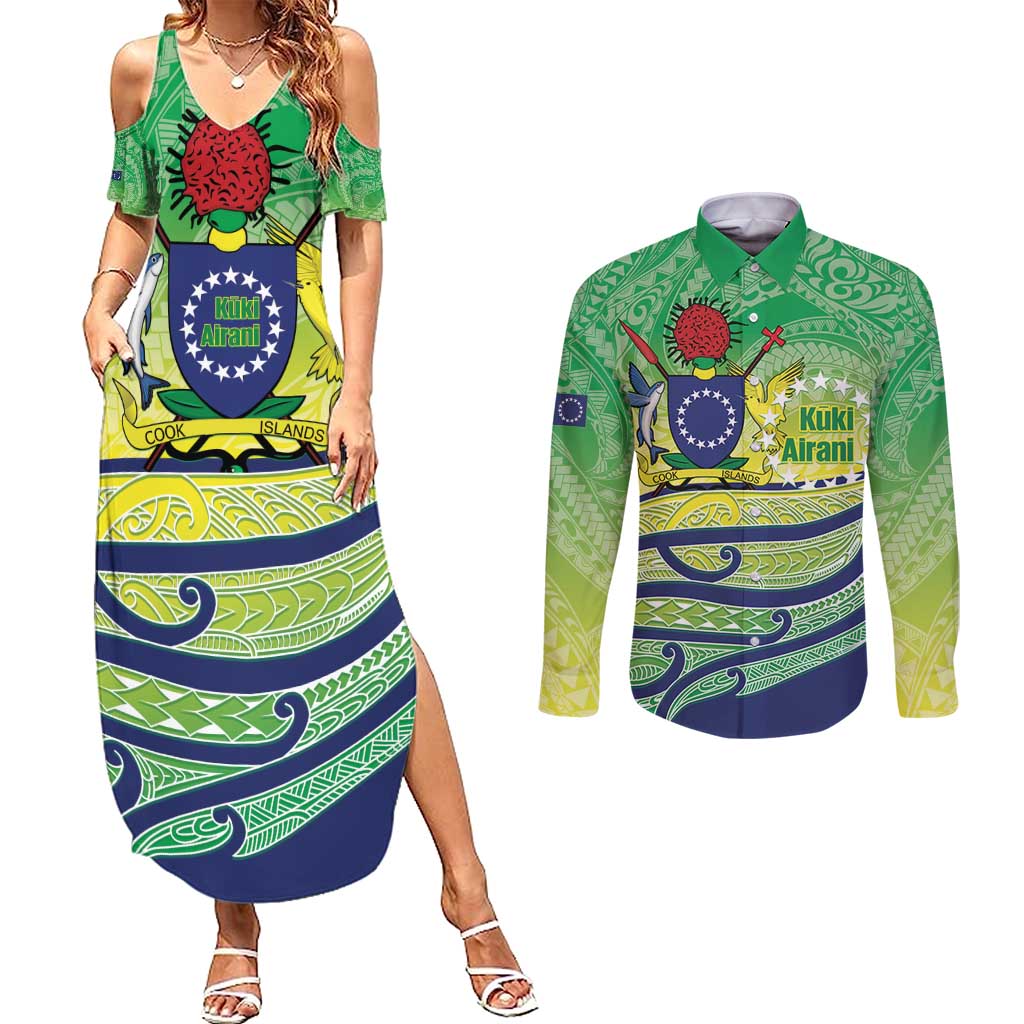 Te Maeva Nui Cook Islands Couples Matching Summer Maxi Dress and Long Sleeve Button Shirt 60th Independence Anniversary Proud