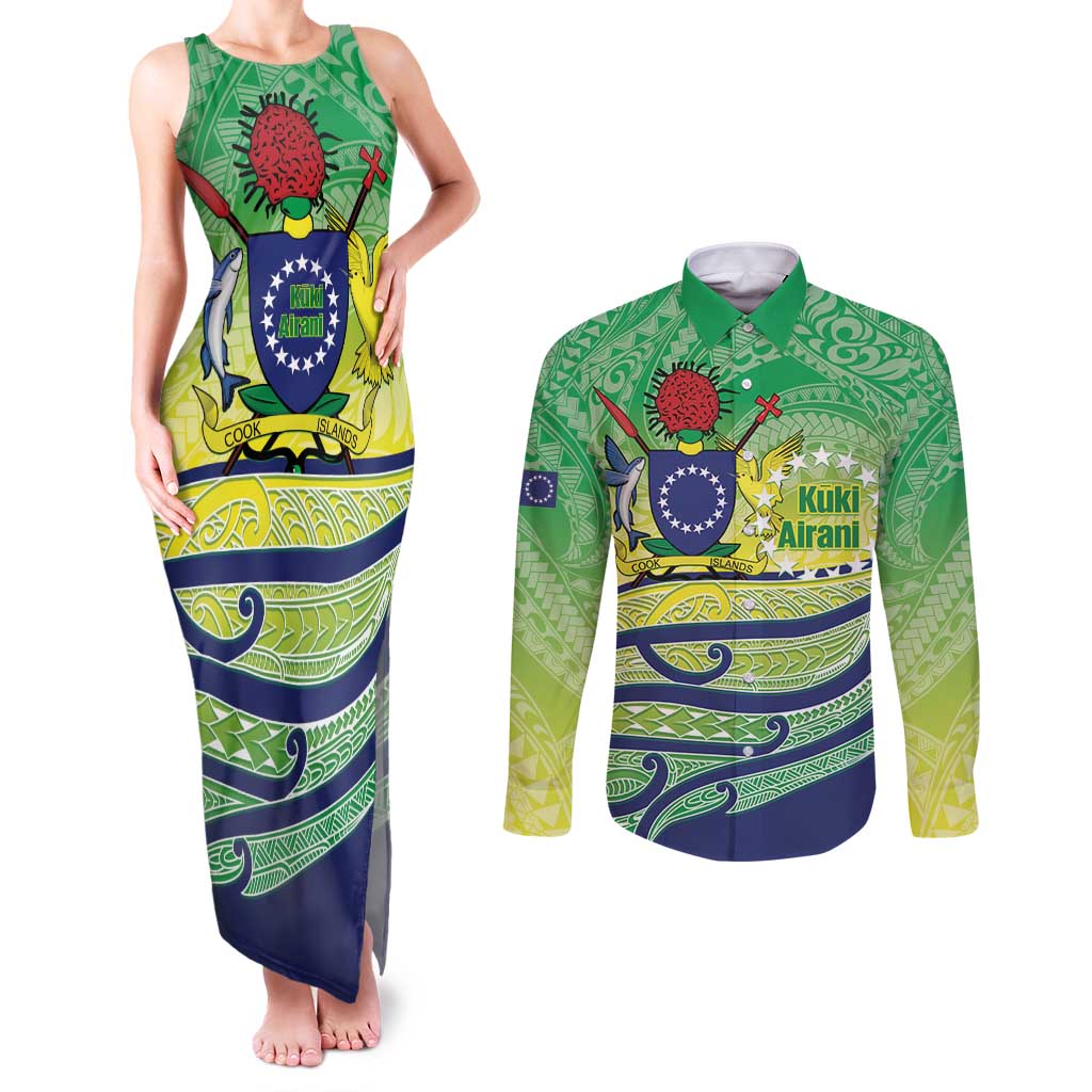 Te Maeva Nui Cook Islands Couples Matching Tank Maxi Dress and Long Sleeve Button Shirt 60th Independence Anniversary Proud