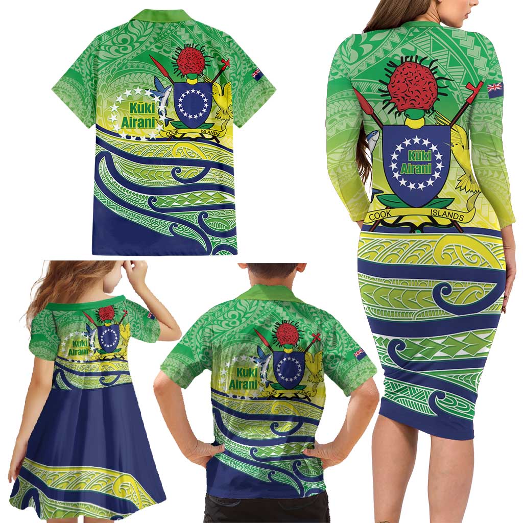 Te Maeva Nui Cook Islands Family Matching Long Sleeve Bodycon Dress and Hawaiian Shirt 60th Independence Anniversary Proud