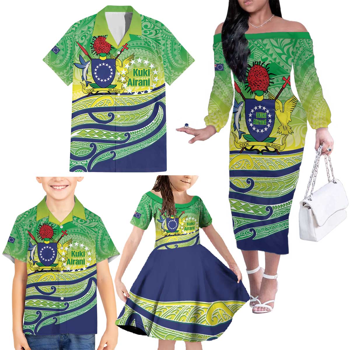 Te Maeva Nui Cook Islands Family Matching Off The Shoulder Long Sleeve Dress and Hawaiian Shirt 60th Independence Anniversary Proud
