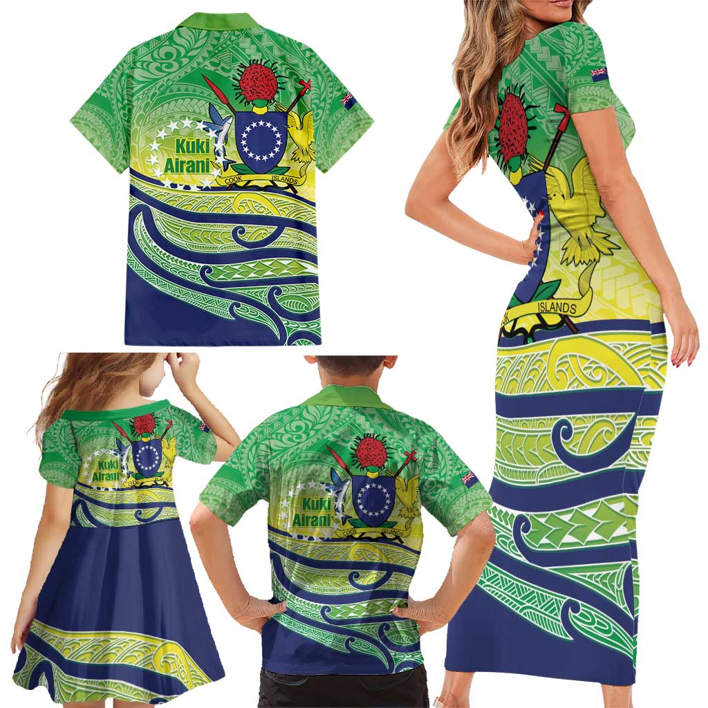 Te Maeva Nui Cook Islands Family Matching Short Sleeve Bodycon Dress and Hawaiian Shirt 60th Independence Anniversary Proud
