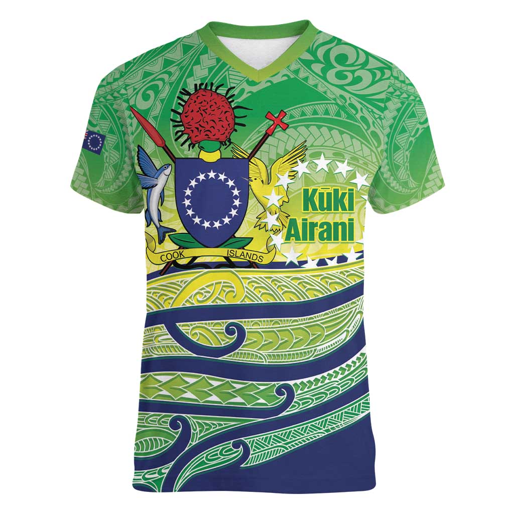 Te Maeva Nui Cook Islands Women V-Neck T-Shirt 60th Independence Anniversary Proud LT14 Female Green - Polynesian Pride