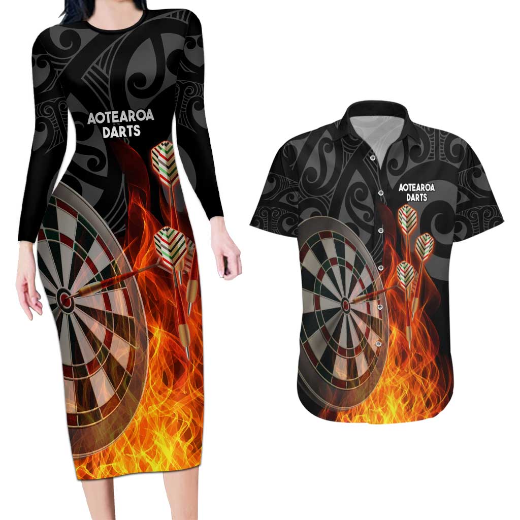 Personalised Aotearoa Darts Couples Matching Long Sleeve Bodycon Dress and Hawaiian Shirt Maori Koru Flaming Dartboard