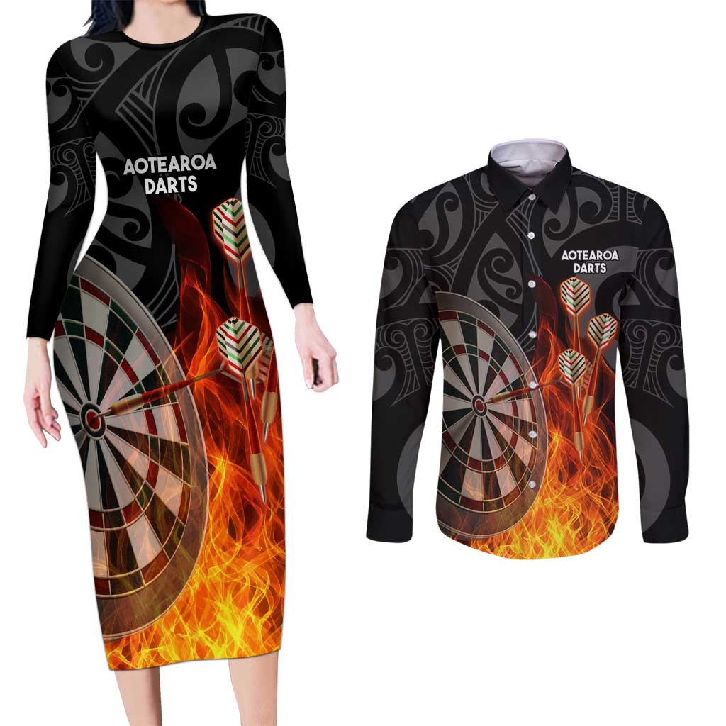 Personalised Aotearoa Darts Couples Matching Long Sleeve Bodycon Dress and Long Sleeve Button Shirt Maori Koru Flaming Dartboard LT14 Black - Polynesian Pride