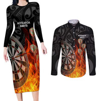 Personalised Aotearoa Darts Couples Matching Long Sleeve Bodycon Dress and Long Sleeve Button Shirt Maori Koru Flaming Dartboard LT14 Black - Polynesian Pride
