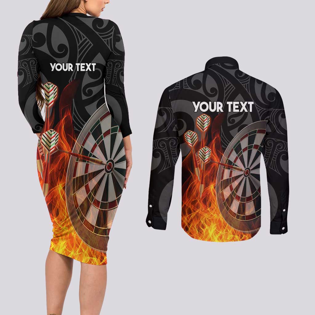 Personalised Aotearoa Darts Couples Matching Long Sleeve Bodycon Dress and Long Sleeve Button Shirt Maori Koru Flaming Dartboard LT14 - Polynesian Pride