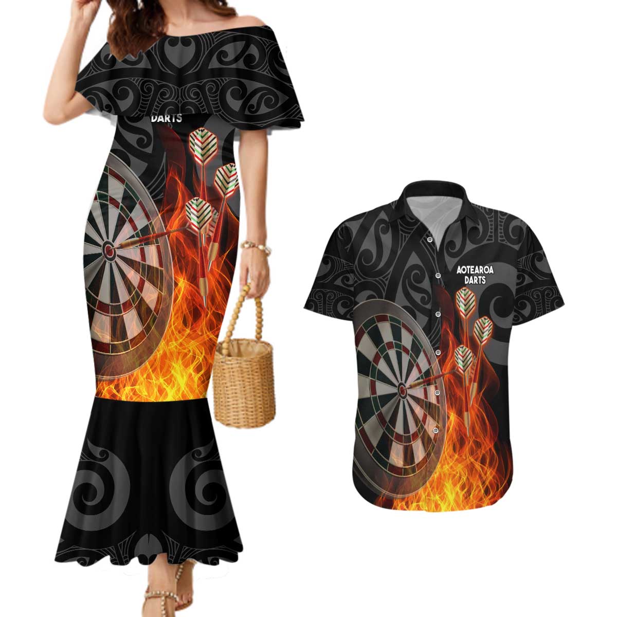 Personalised Aotearoa Darts Couples Matching Mermaid Dress and Hawaiian Shirt Maori Koru Flaming Dartboard