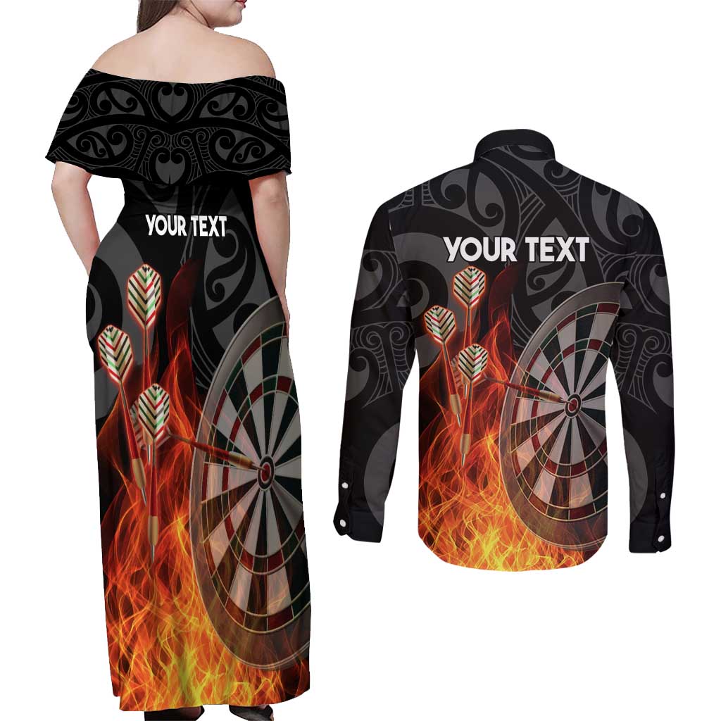 Personalised Aotearoa Darts Couples Matching Off Shoulder Maxi Dress and Long Sleeve Button Shirt Maori Koru Flaming Dartboard