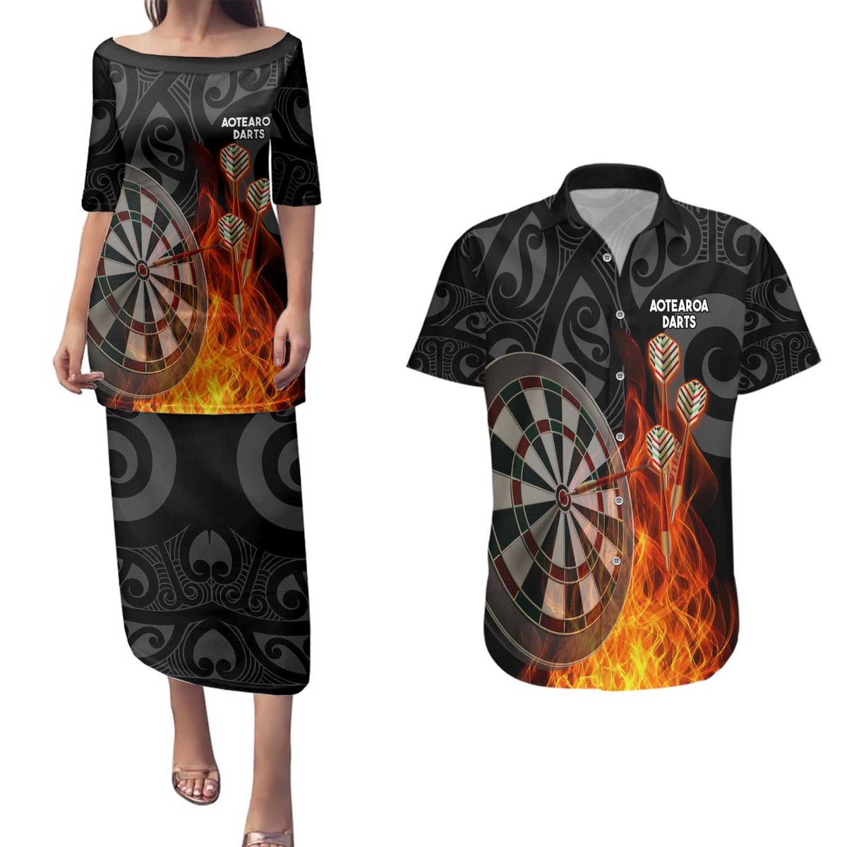 Personalised Aotearoa Darts Couples Matching Puletasi and Hawaiian Shirt Maori Koru Flaming Dartboard