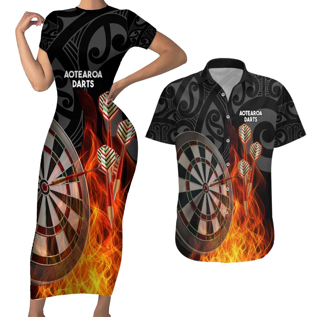 Personalised Aotearoa Darts Couples Matching Short Sleeve Bodycon Dress and Hawaiian Shirt Maori Koru Flaming Dartboard