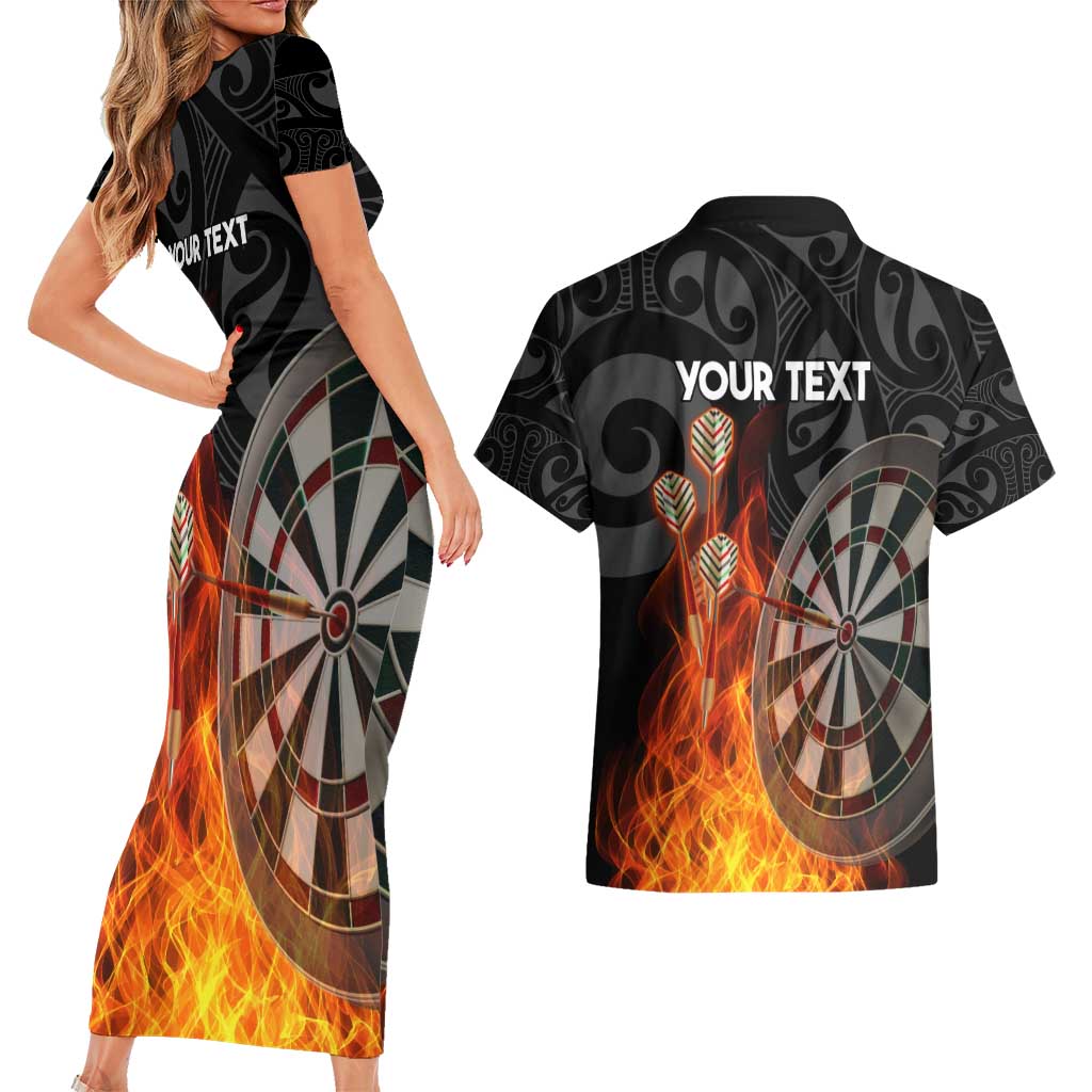 Personalised Aotearoa Darts Couples Matching Short Sleeve Bodycon Dress and Hawaiian Shirt Maori Koru Flaming Dartboard