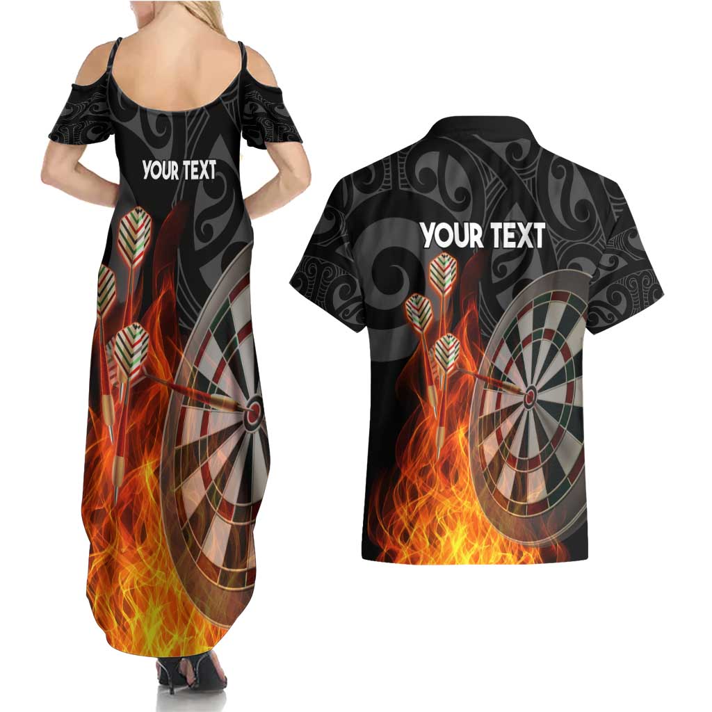 Personalised Aotearoa Darts Couples Matching Summer Maxi Dress and Hawaiian Shirt Maori Koru Flaming Dartboard