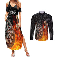 Personalised Aotearoa Darts Couples Matching Summer Maxi Dress and Long Sleeve Button Shirt Maori Koru Flaming Dartboard