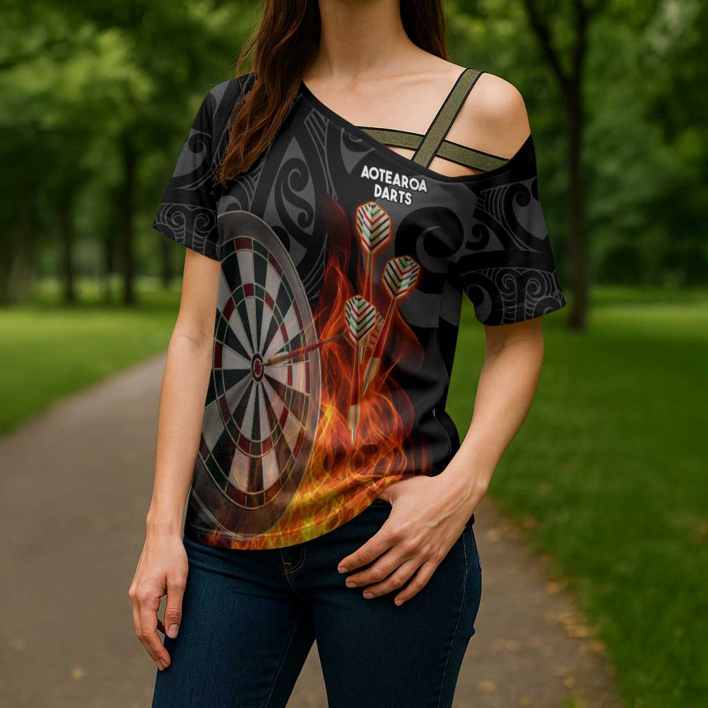 Personalised Aotearoa Darts Cross Shoulder Shirt Maori Koru Flaming Dartboard - Polynesian Pride