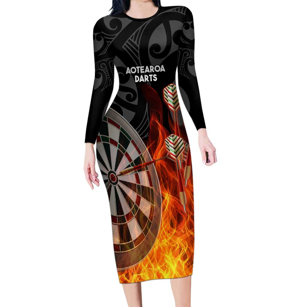 Personalised Aotearoa Darts Family Matching Long Sleeve Bodycon Dress and Hawaiian Shirt Maori Koru Flaming Dartboard