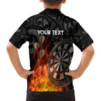 Personalised Aotearoa Darts Family Matching Off The Shoulder Long Sleeve Dress and Hawaiian Shirt Maori Koru Flaming Dartboard