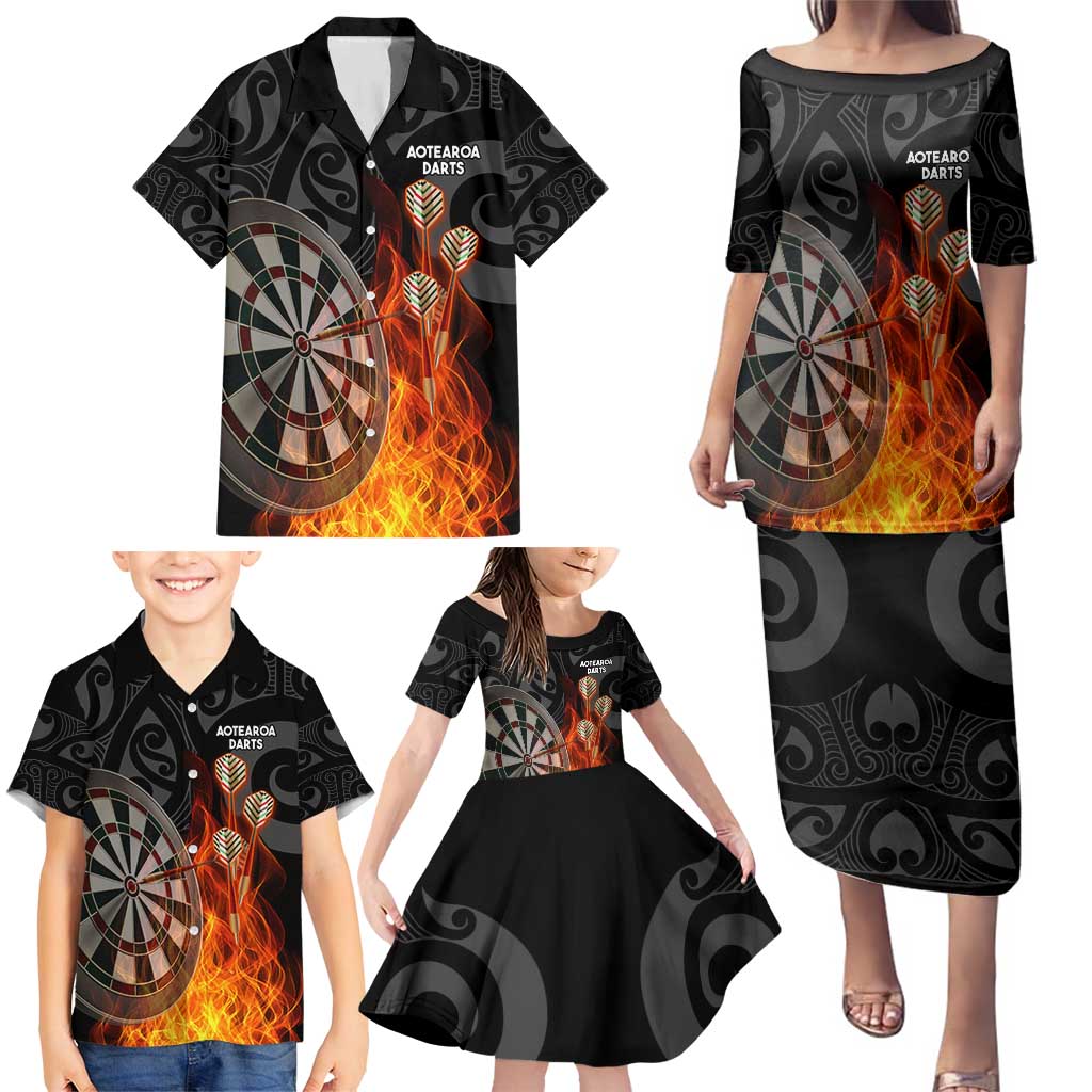 Personalised Aotearoa Darts Family Matching Puletasi and Hawaiian Shirt Maori Koru Flaming Dartboard